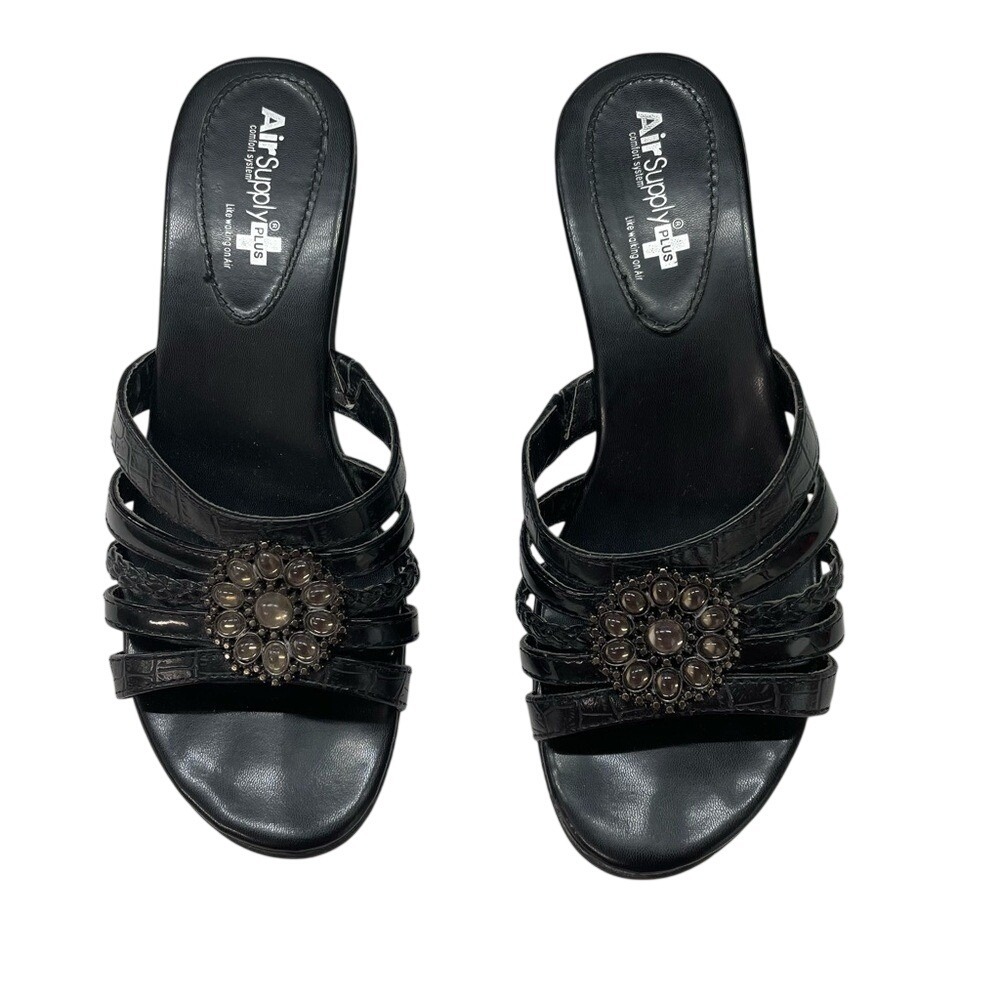 Air Supply Plus‎ Lynn Women Black Gemstone Multi Strap Wedge Slide Sandals 6.5M